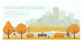 Autumn urban park landscape flat vector illustration. Horizontal banner template with place for your text. Royalty Free Stock Photo