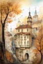 Autumn urban sketch. Old town of European. Cute cartoon illustration. Generative AI Royalty Free Stock Photo