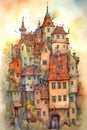 Autumn urban sketch. Old town of European. Cute cartoon illustration. Generative AI Royalty Free Stock Photo