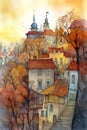 Autumn urban sketch. Old town of european. Watercolor vertical cartoon illustration. Generative AI Royalty Free Stock Photo