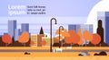 Autumn urban yellow park outdoors city buildings street lamps cityscape concept horizontal flat copy space