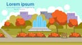 Autumn urban yellow park outdoors fountain landscape concept horizontal copy space flat