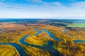 Autumn valley. Fall meadow. Aerial landscape with river on a sunny autumn day. Sunny fall. Royalty Free Stock Photo