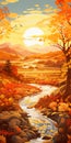 Autumn Valley Scenery: Cartoonish Oil Painting Of A Scenic Mountain River Royalty Free Stock Photo