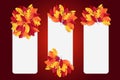 Autumn vectical banner with a bunch of red and orange leaves. Fall promo design template with free empty space for text