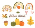 Autumn vector clipart. Autumn rainbow, cute fall pumpkin, leaves, fall flower, acorn. Autumn trendy set.