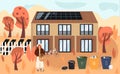 Autumn vector illustration in cartoon style. Eco-house with solar panels, waste sorting bins, vegetable garden, bike and joyful Royalty Free Stock Photo