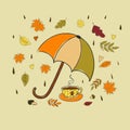 Autumn, vector illustration with flying autumn leaves and a cup of tea under an umbrella