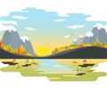 Autumn vector landscape. Mountains with fir-trees and bushes on the riverside.