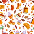 Autumn vector seamless pattern with leaves, pinecone, cocoa, sweets, cups, books, scarfs, socks.