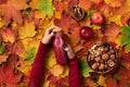 Autumn vegan and vegetarian food concept - apples, pomegranate, nuts, spices. Picnic time. Female hands holding bottle of red Royalty Free Stock Photo