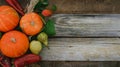 Autumn vegetable harvest on wooden background, copy space. Thanksgiving day banner. Royalty Free Stock Photo