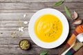 Autumn vegetable or pumpkin soup with seeds in white bowl on wooden rustic table top view.