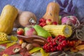 Autumn vegetables, berries and fruits. Seasonal autumn food - pu