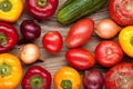 vegetables crop background onions garlic tomatoes, pepper, cucumber. top view Royalty Free Stock Photo