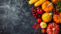 Autumn vegetables and fruits on a black stone background: Pumpkin, tomatoes, corn, pomegranate, persimmon, apple. Top view. Free