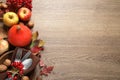 Autumn vegetables, fruits and cutlery on background, flat lay with space for text. Happy Thanksgiving day Royalty Free Stock Photo