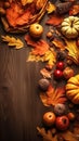 Autumn vegetables and leaves on a wooden surface, generative AI. Royalty Free Stock Photo