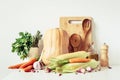 Autumn vegetarian food ingredients and kitchen utensils still life. Vegetables for healthy cooking Royalty Free Stock Photo