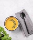 Autumn vegetarian pumpkin soup with cream and seeds on white  background with fresh herbal and spoon Royalty Free Stock Photo