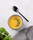 Autumn vegetarian pumpkin soup with cream and seeds on white  background with fresh herbal and spoon Royalty Free Stock Photo