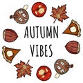 Autumn vibes decorative wreath cute cozy banner. Autumn festive poster. Fall harvest greetings postcard