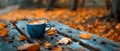 Autumn Vibes Outdoors A Cup Of Coffee On A Wooden Table Royalty Free Stock Photo