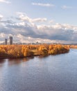 Autumn view from the bridge on Strogino. Moscow river and golden autumn. Royalty Free Stock Photo