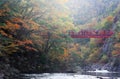 Autumn view of bright red Futami suspension bridge over Toyohira River & beautiful fall colors on the riverside cliffs in Jozankei