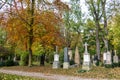 Autumn view of famous Old North Cemetery of Munich, Germany with historic gravestones