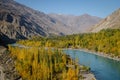 Ghizer river flowing through forest in Gahkuch. Gilgit Baltistan, Pakistan.