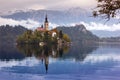 Autumn view of the historical church on the island in Lake Bled