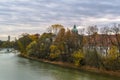 Autumn view with Isar river in Munich, Germany Royalty Free Stock Photo