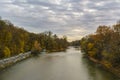 Autumn view with Isar river in Munich, Germany