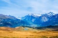 Autumn view over Grindelwald valley and Swiss Alps. Mountain range of peaks Wetterhorn and Schreckhorn from Mannlichen Royalty Free Stock Photo
