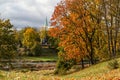 Autumn view of river wenta and yellow leaves on trees. Visible church in the backgorund Royalty Free Stock Photo