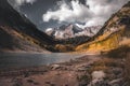 Autumn view of snow-coated Maroon Bells mountains and Maroon Lake, Aspen, Colorado, USA Royalty Free Stock Photo