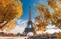 Autumn view to Eiffel Tower in Paris, with amazing colours and blue sky