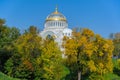 Autumn view to Naval cathedral of Saint Nicholas from Petrovsky dock basin in Kronstadt at the island Kotlin near the Saint-