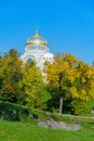 Autumn view to Naval cathedral of Saint Nicholas from Petrovsky dock basin in Kronstadt at the island Kotlin near the Saint- Royalty Free Stock Photo