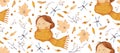 Autumn halloween mood. Seamless pattern with illustration of portrait of girl in scarf, leaves, branch, hawthorn berries