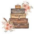 Autumn Vintage Suitcase, Watercolor Fall Coral Floral Bouquet, Beige Herbs, Luggage Illustration, Travel Suitcase Art, Old
