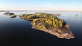 Autumn in Vyborg bay, aero view of clean nordic nature. Beautiful rocks and cliffs with woods in North Europe, Baltic sea, gulf of Royalty Free Stock Photo