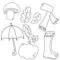 Autumn walk attributes: mushroom, leaves, umbrella, rubber boots, scarf and pumpkin; coloring page for children on the fall theme