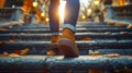 Autumn Walk: Person Climbing Stairs in Stylish Boots. Generative ai Royalty Free Stock Photo