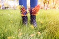 On an autumn walk. Red and yellow. Denim