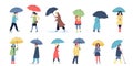 Autumn walking people in raincoats and hold umbrellas. Rainy day walk, man woman go to work or study. Isolated fall in