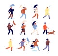 Autumn walking people. Stylish characters, casual persons with umbrella. Outdoor activity, rainy weather walk. Isolated