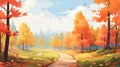 Serene Autumn Landscape With Colorful Falling Leaves