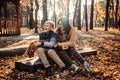 Autumn walks with dog. Happy family mother and teen boy son having fun with cute cocker spaniel puppy in autumn park Royalty Free Stock Photo